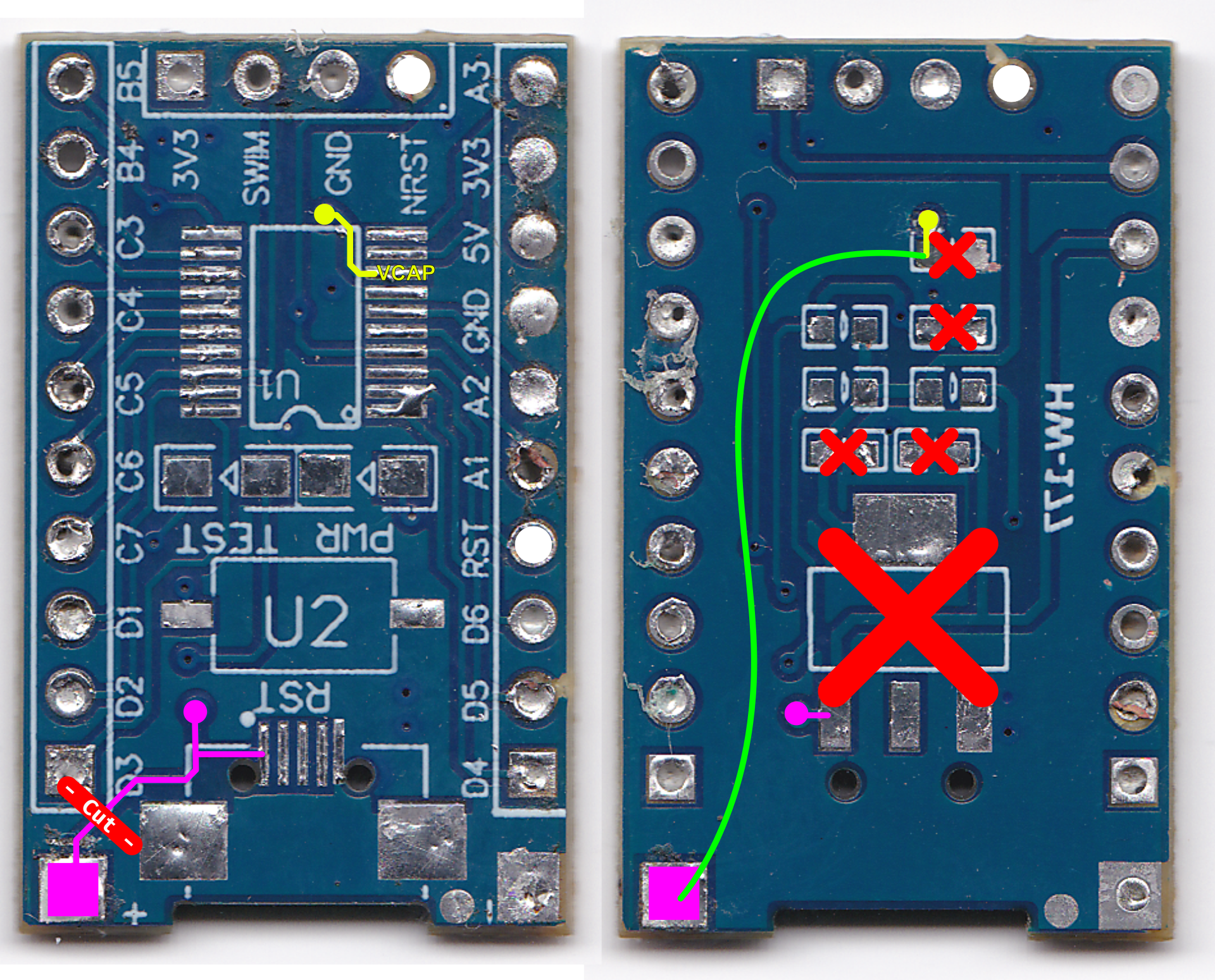 front and mirrored back of stm8s103 target board (annotated modifications)