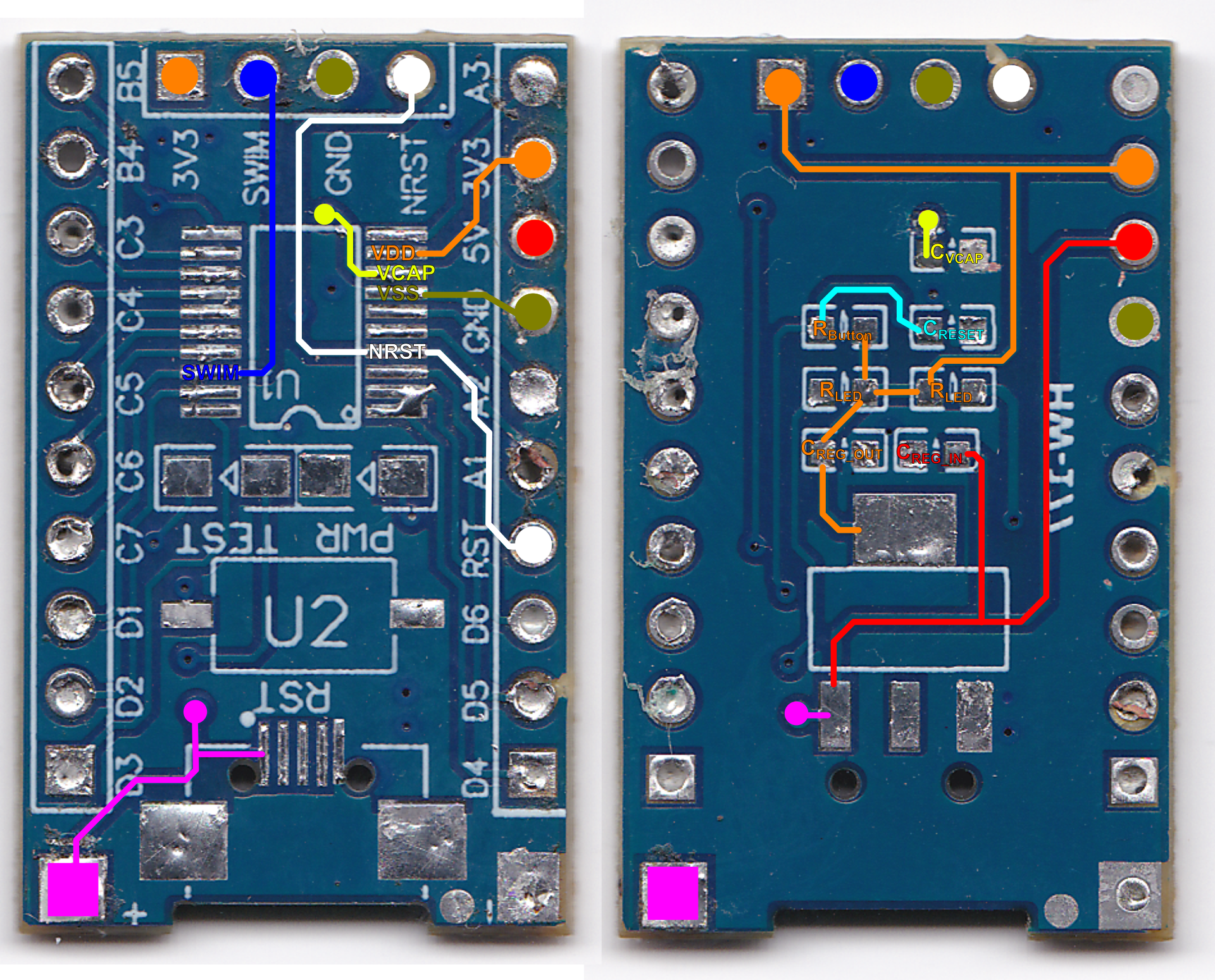 front and mirrored back of stm8s103 target board (annotated)