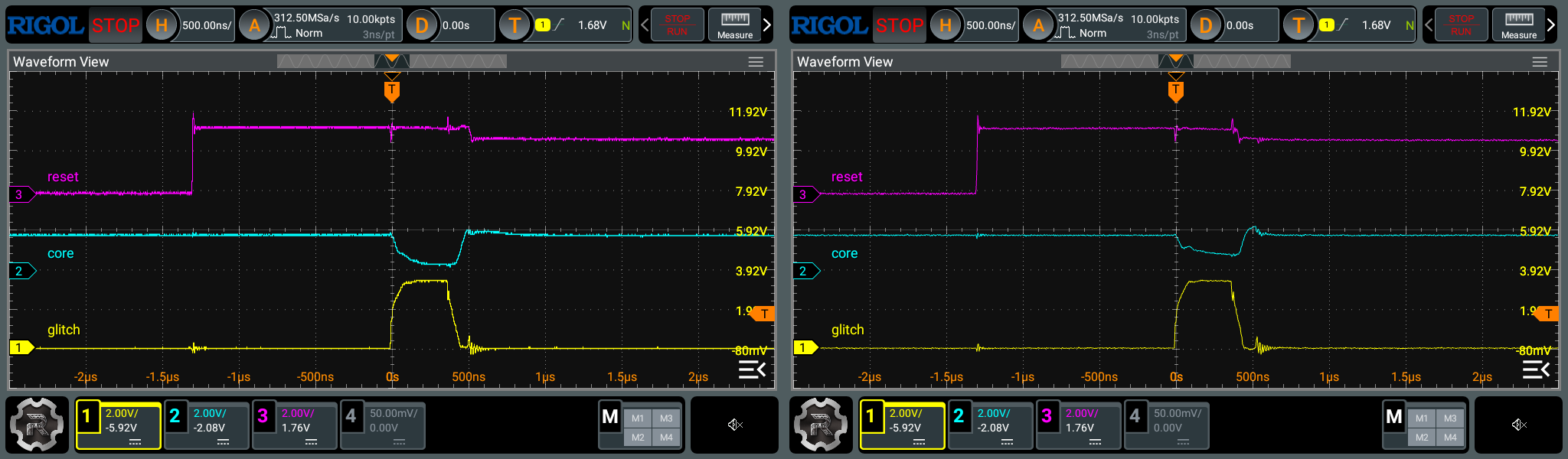 comparison 10uF (left) vs 100uF (right) capacitor on VCAP line
